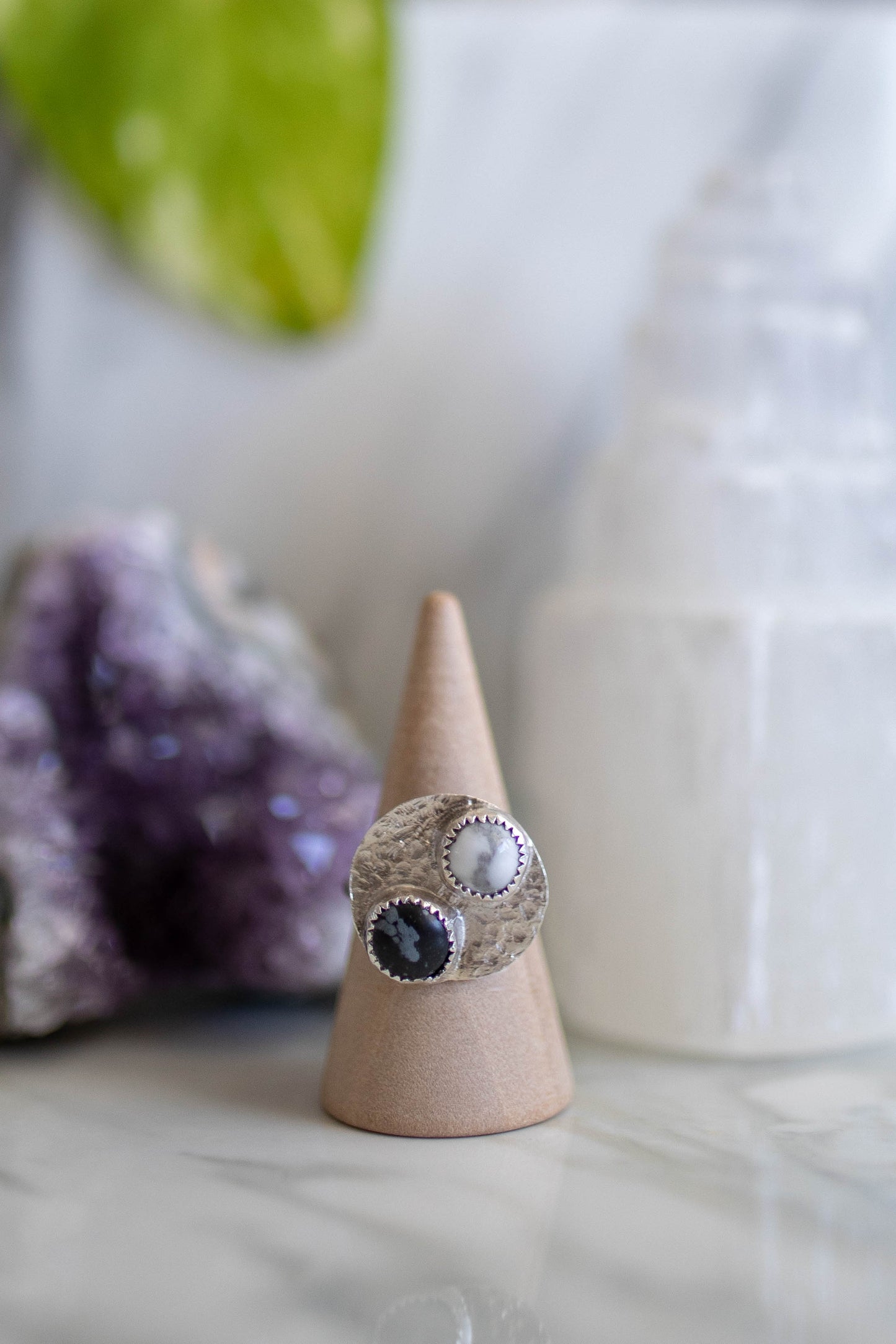 Yin Yang Ring with Snow Obsidian and Howlite - Size 6