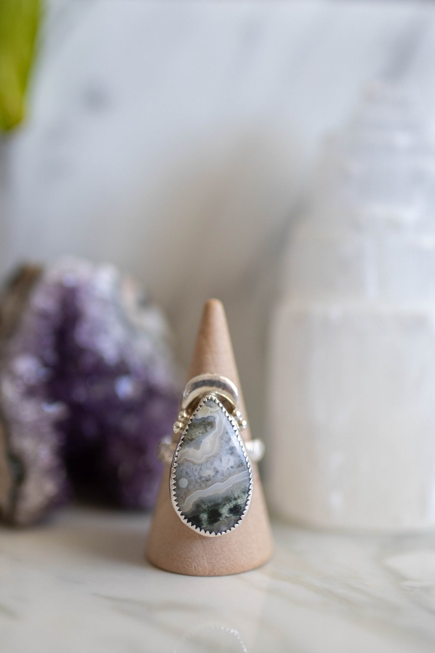 Crazy Lace Agate Moon Ring - Size 7