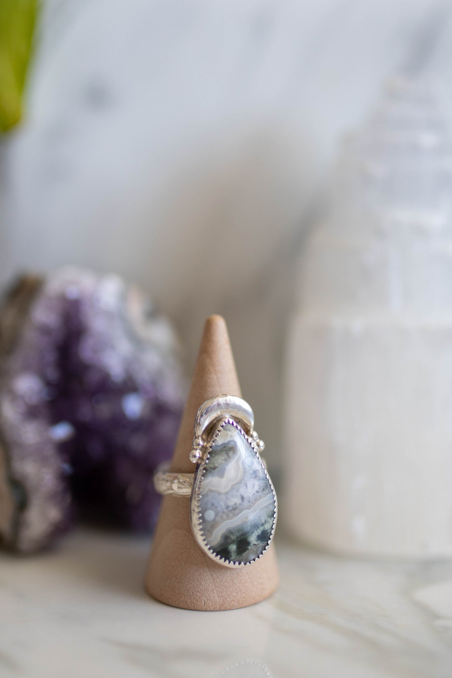 Crazy Lace Agate Moon Ring - Size 7