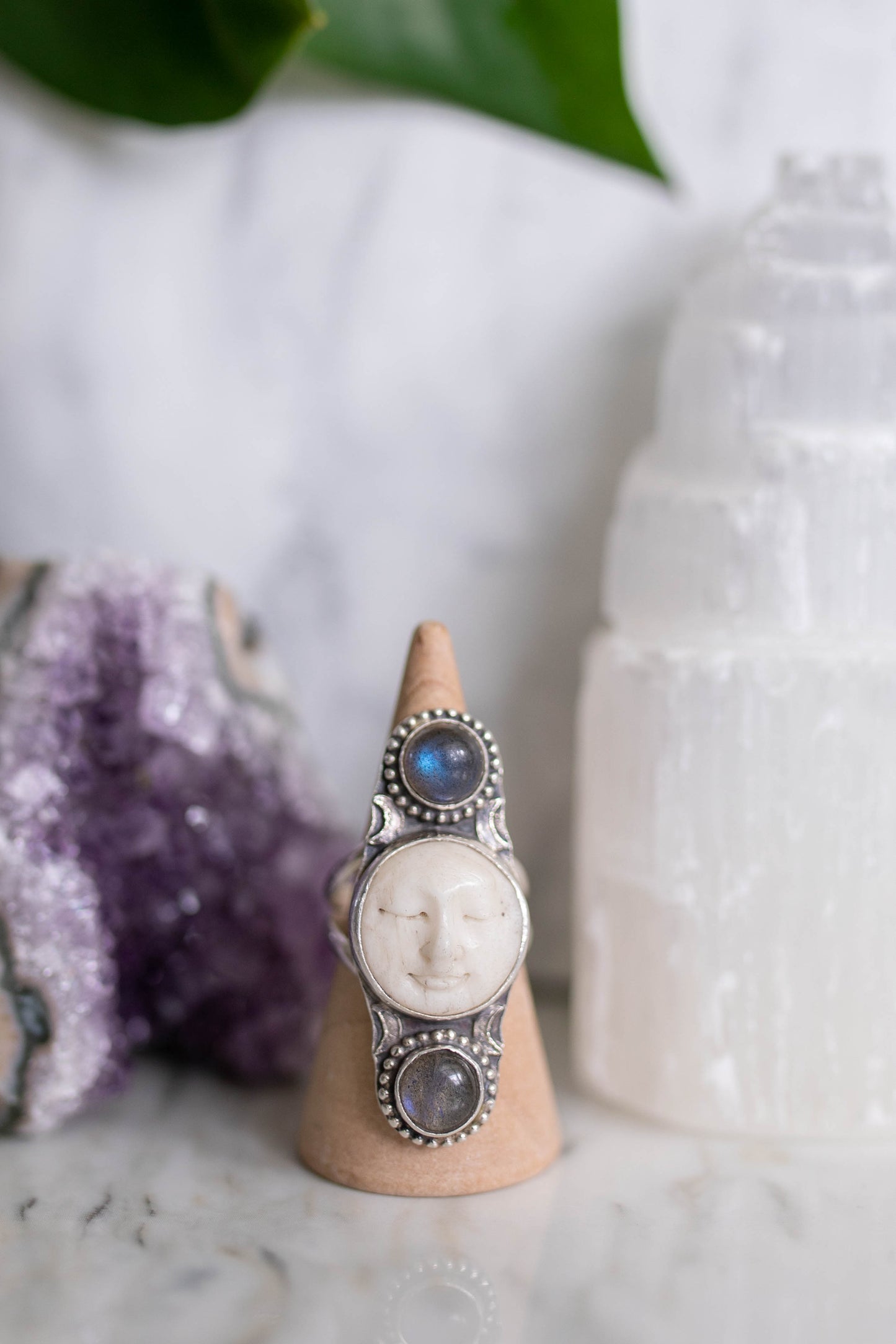 Labradorite Moon Statement Ring - Size 6