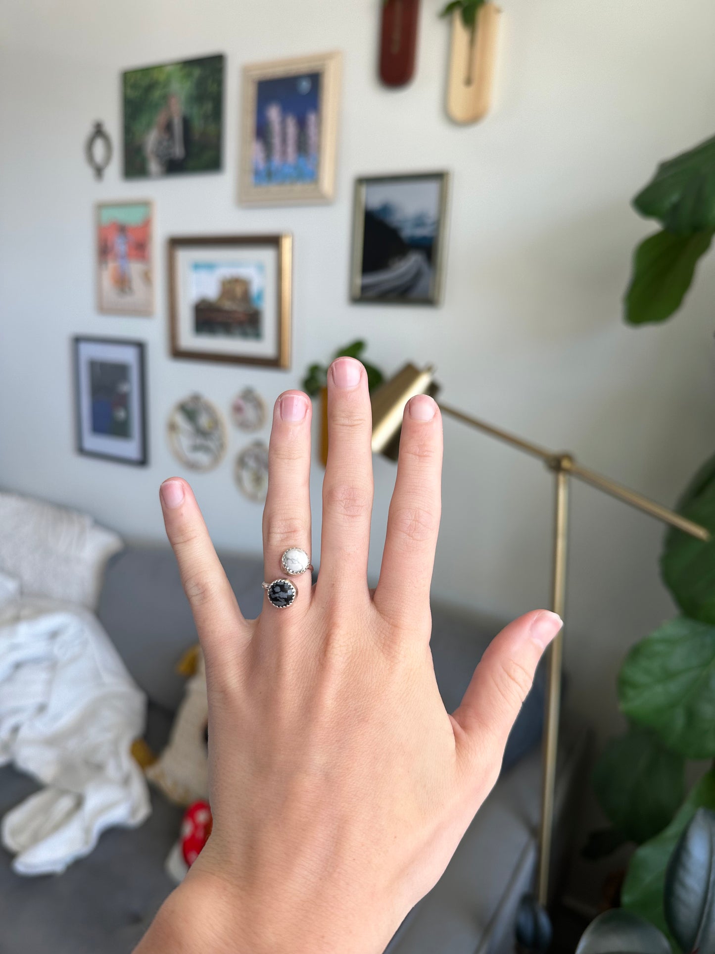 Yin Yang Ring with Snow Obsidian and Howlite - Adjustable Size 4-6