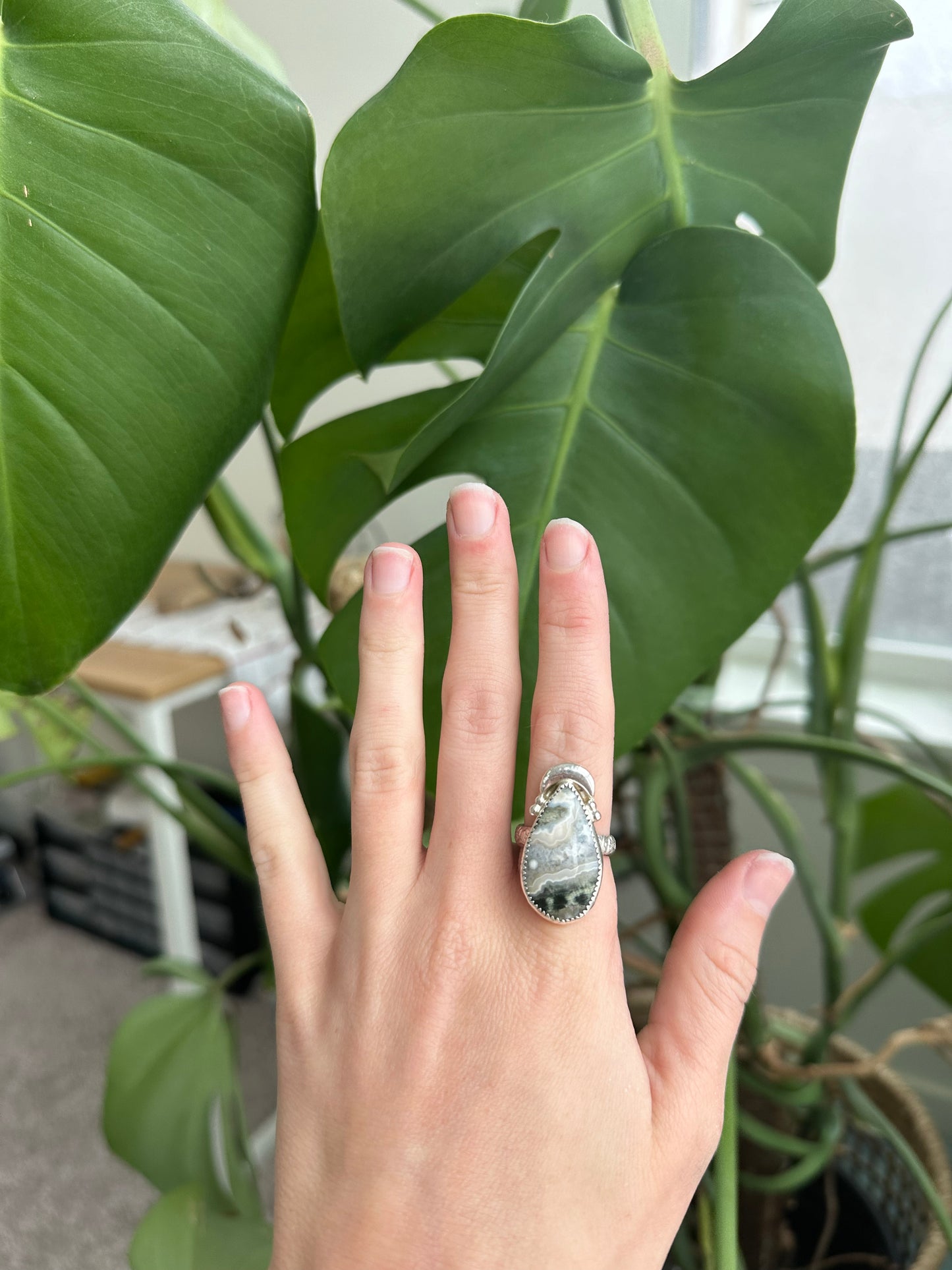 Crazy Lace Agate Moon Ring - Size 7