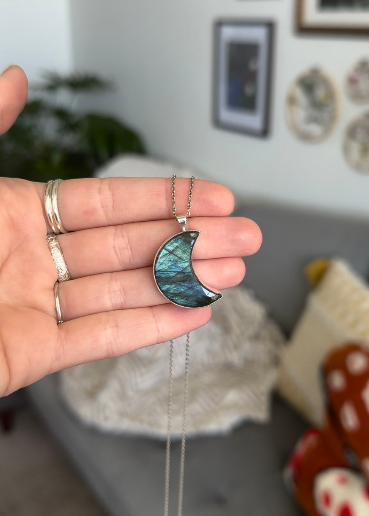 Labradorite Moon Pendant - Sterling Silver